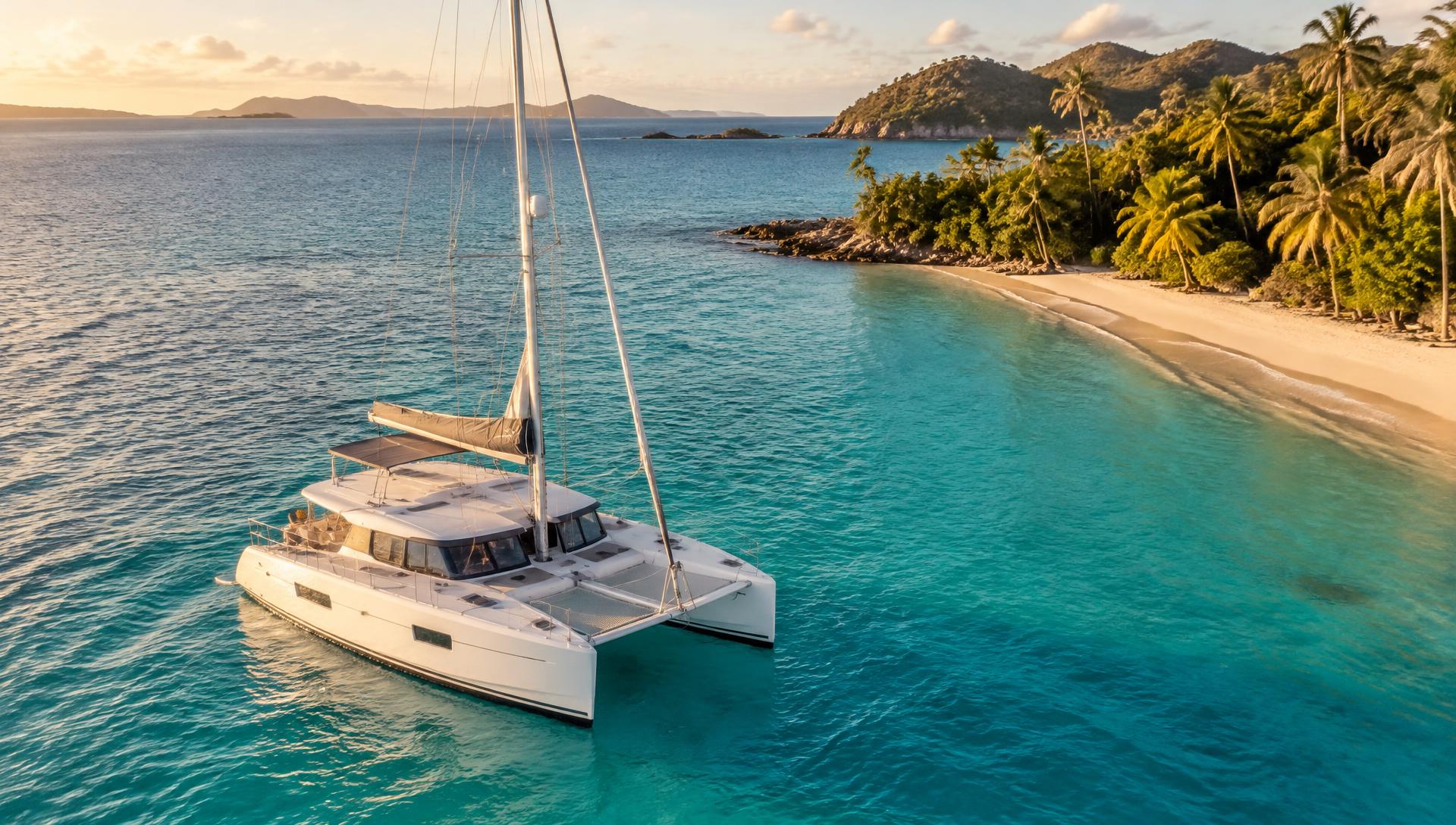 Catamaran au mouillage dans un lagon des Grenadines